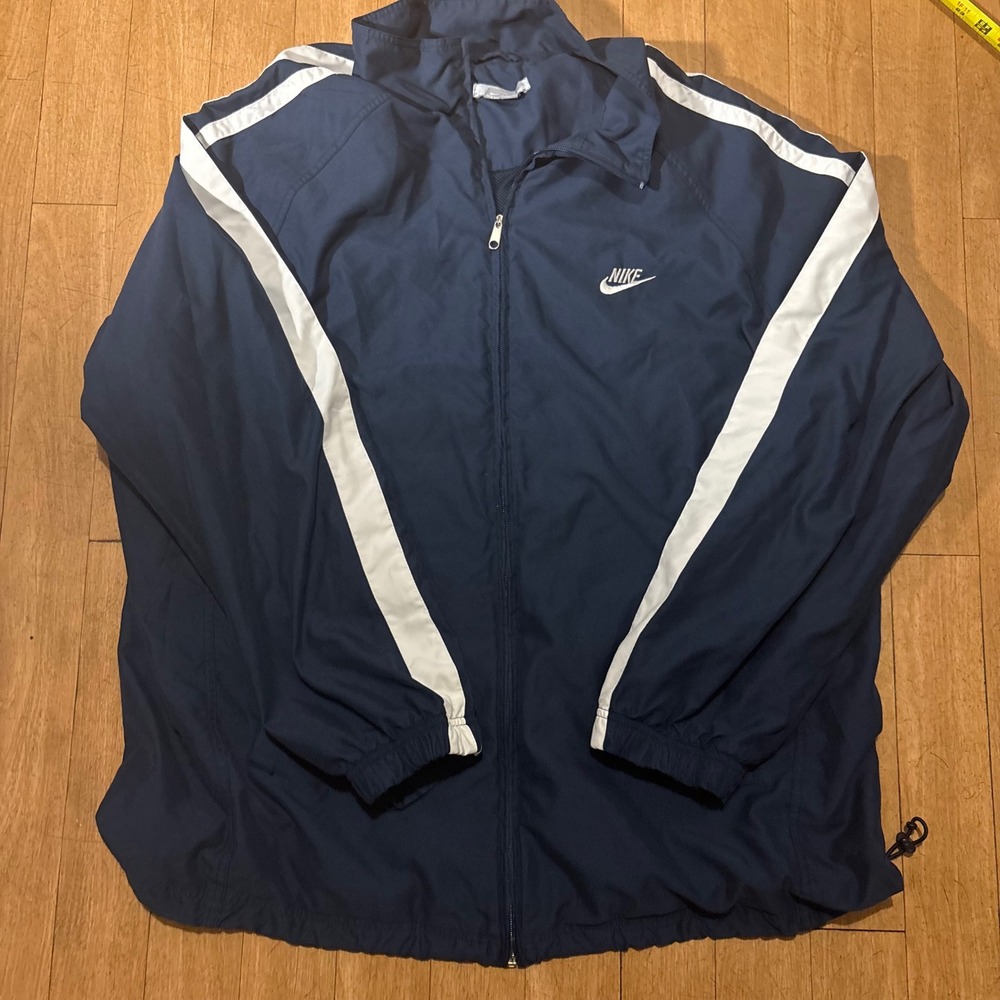 Nike Windbreaker Jacket Mens XXL Navy Blue White Stripe Full Zip Track Top